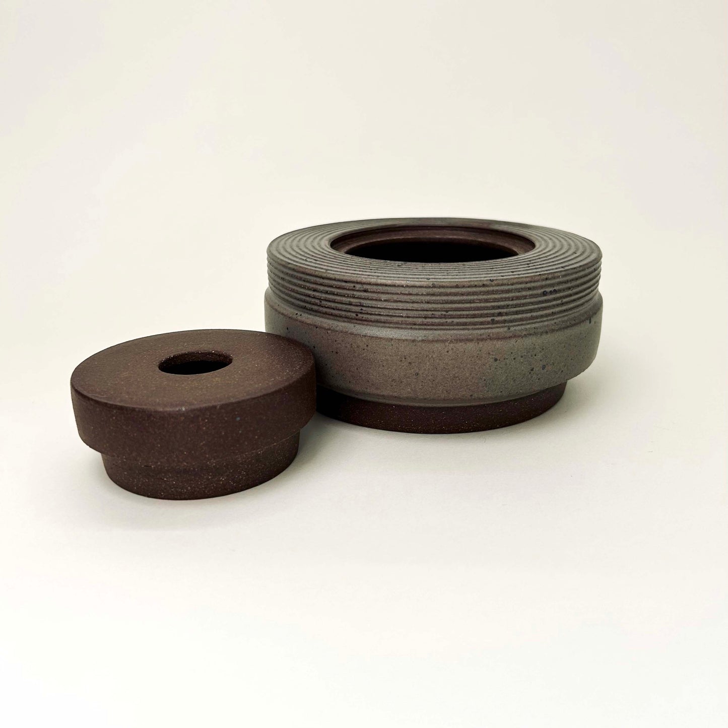 Wide, Textured Cylindrical Lidded Container in Greige