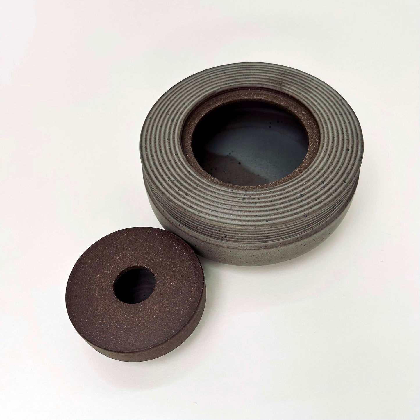 Wide, Textured Cylindrical Lidded Container in Greige