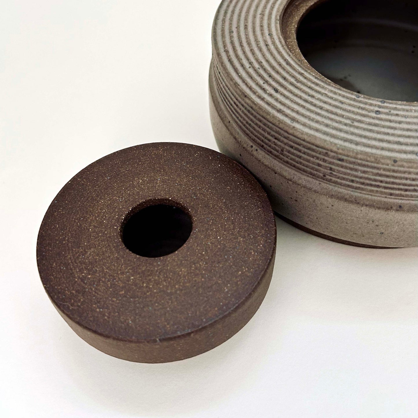 Wide, Textured Cylindrical Lidded Container in Greige