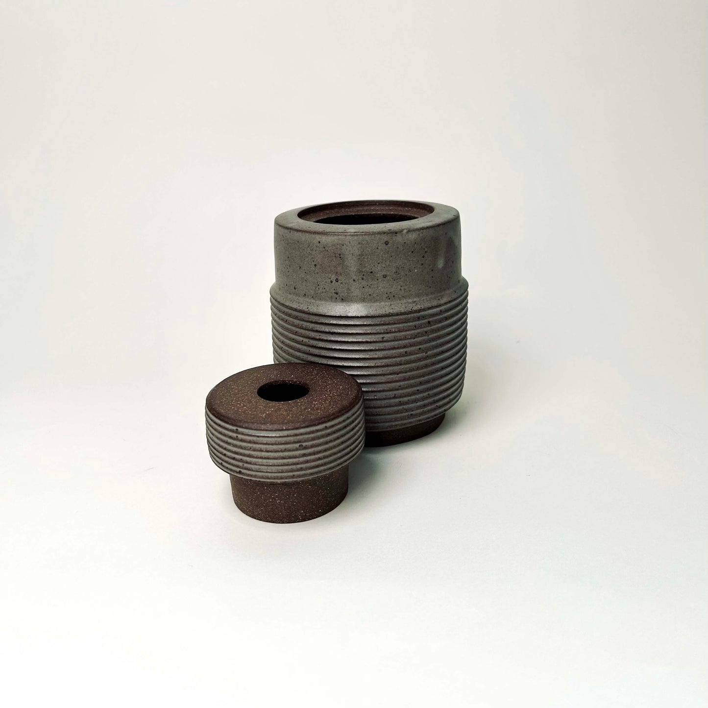 Tall, Textured Cylindrical Lidded Container in Greige
