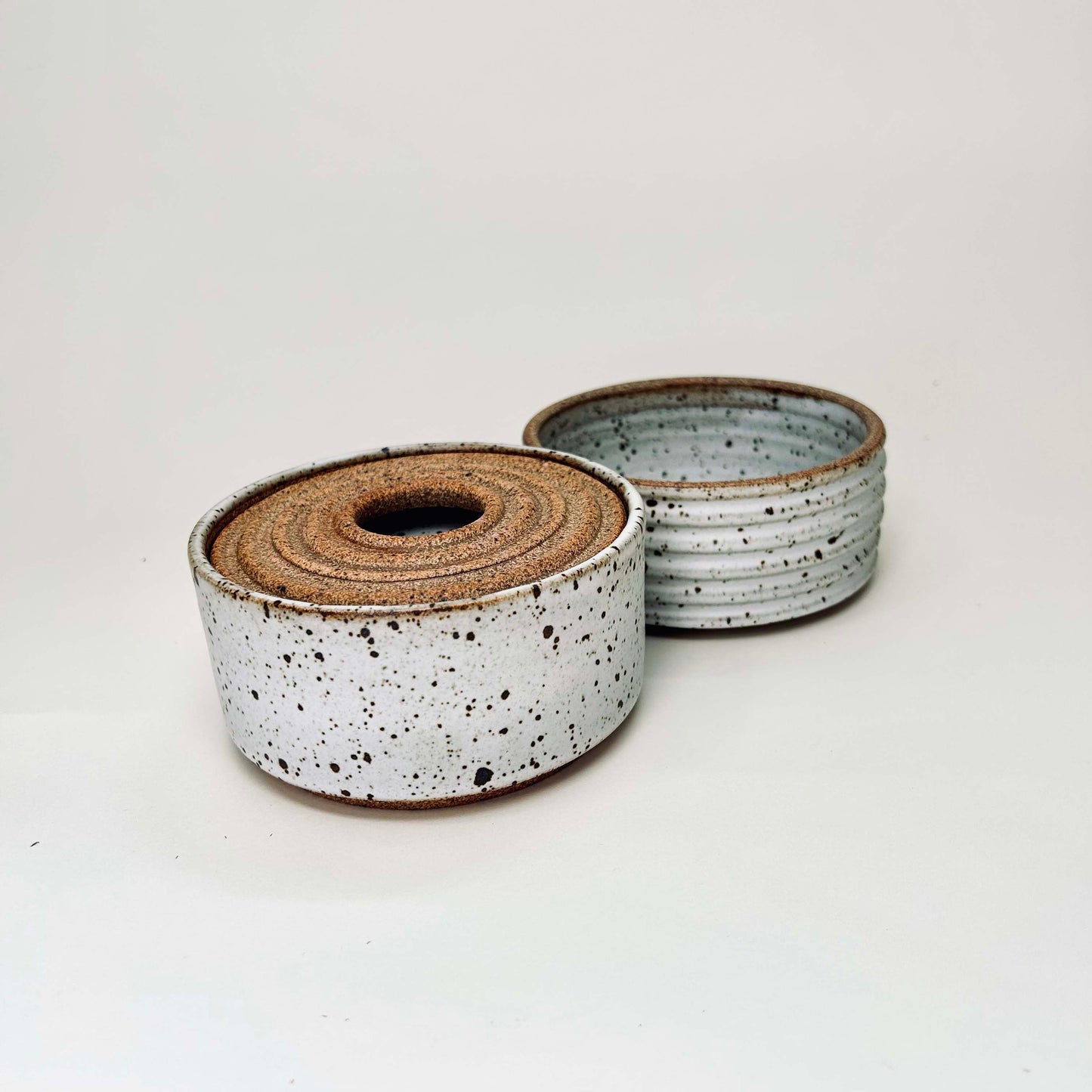 Two-Tiered Cylindrical Ribbed Lidded Container in Matte White