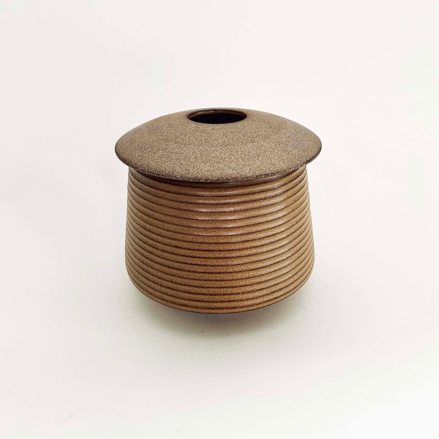 Cylindrical Textured Vessel w/ Angular Lid, Mustard Brown