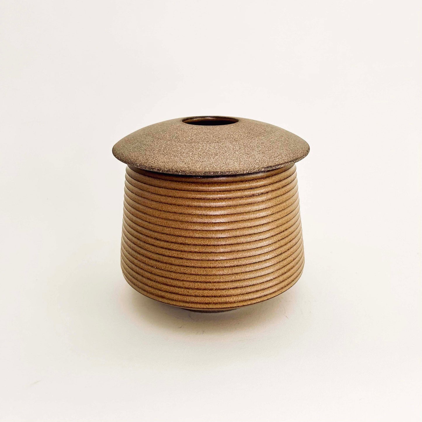 Cylindrical Textured Vessel w/ Angular Lid, Mustard Brown