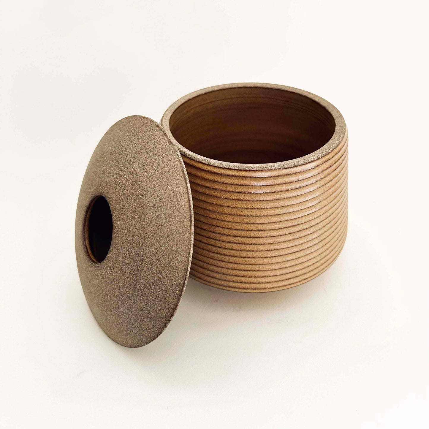 Cylindrical Textured Vessel w/ Angular Lid, Mustard Brown