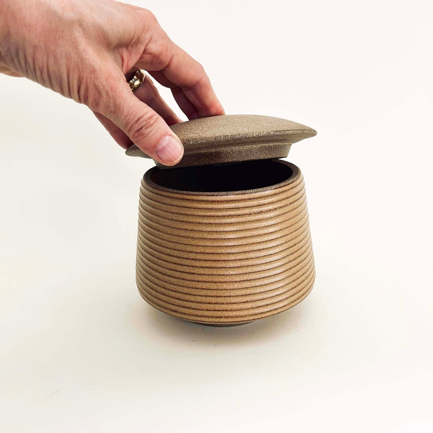 Cylindrical Textured Vessel w/ Angular Lid, Mustard Brown