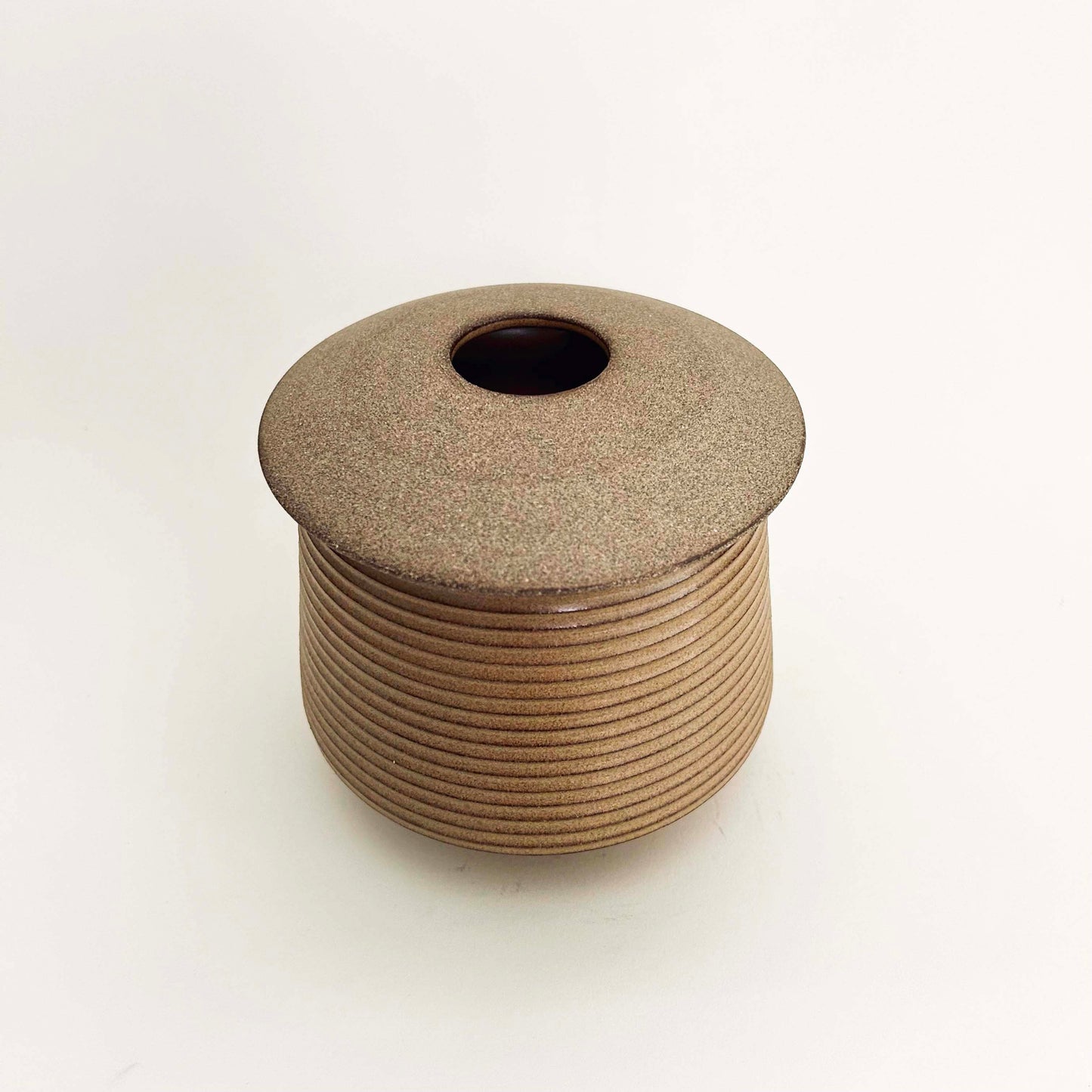 Cylindrical Textured Vessel w/ Angular Lid, Mustard Brown