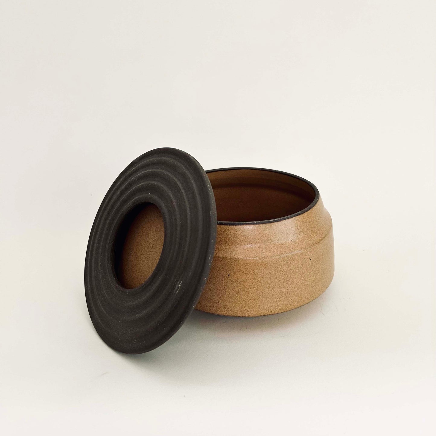 Angular Lidded Vessel w/ Ribbed Lid, Mustard Brown