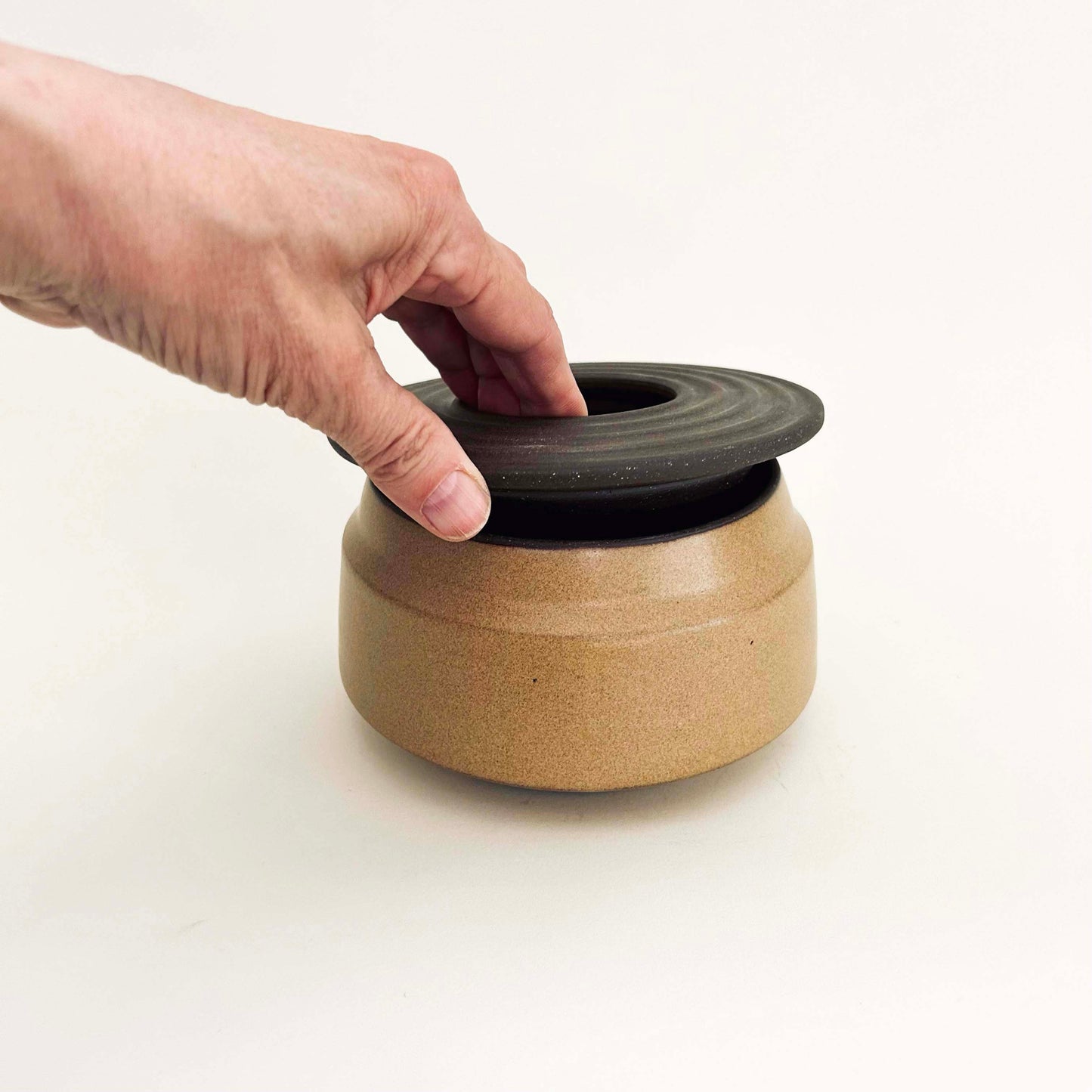Angular Lidded Vessel w/ Ribbed Lid, Mustard Brown