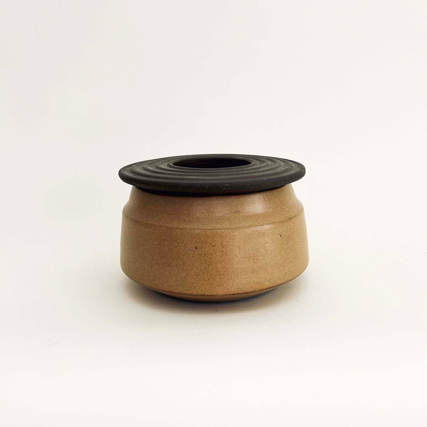 Angular Lidded Vessel w/ Ribbed Lid, Mustard Brown