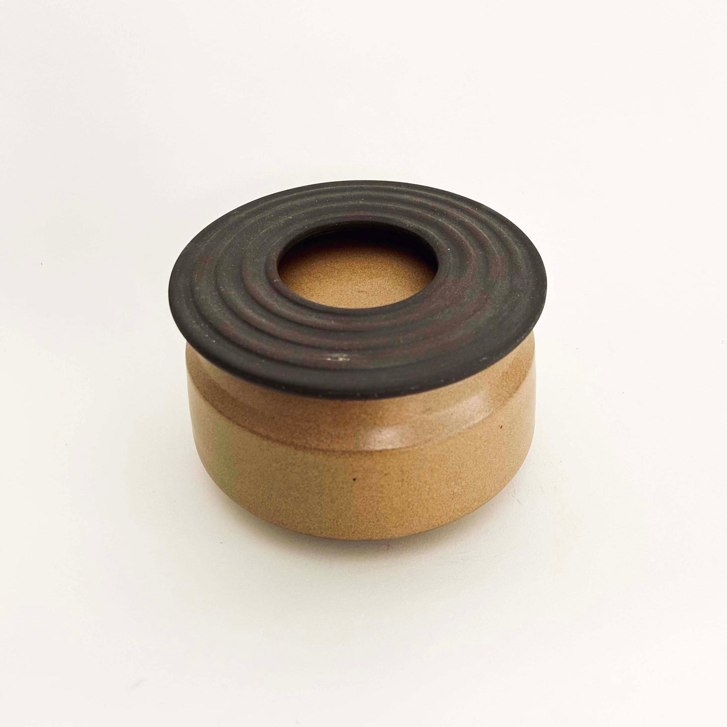 Angular Lidded Vessel w/ Ribbed Lid, Mustard Brown