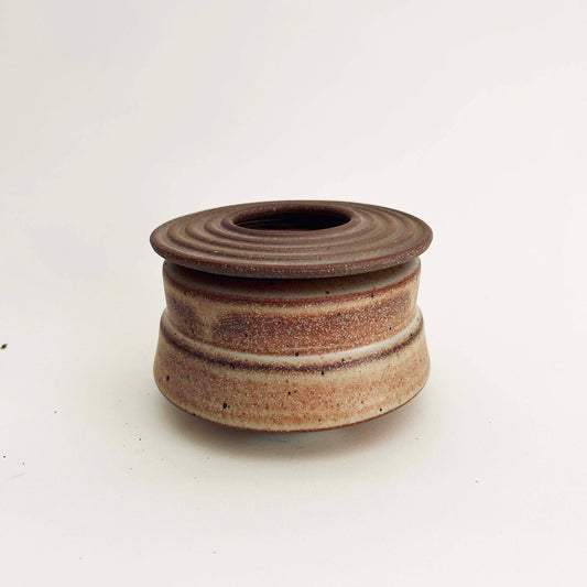 Dark Brown Angular Vessel w/ Ribbed Lid in Mocha Cream