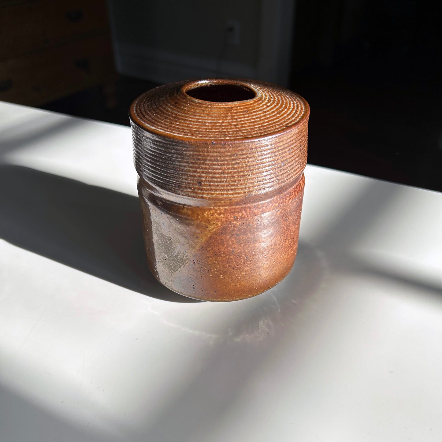 Cylindrical Vase w/ Textured Collar in Shino