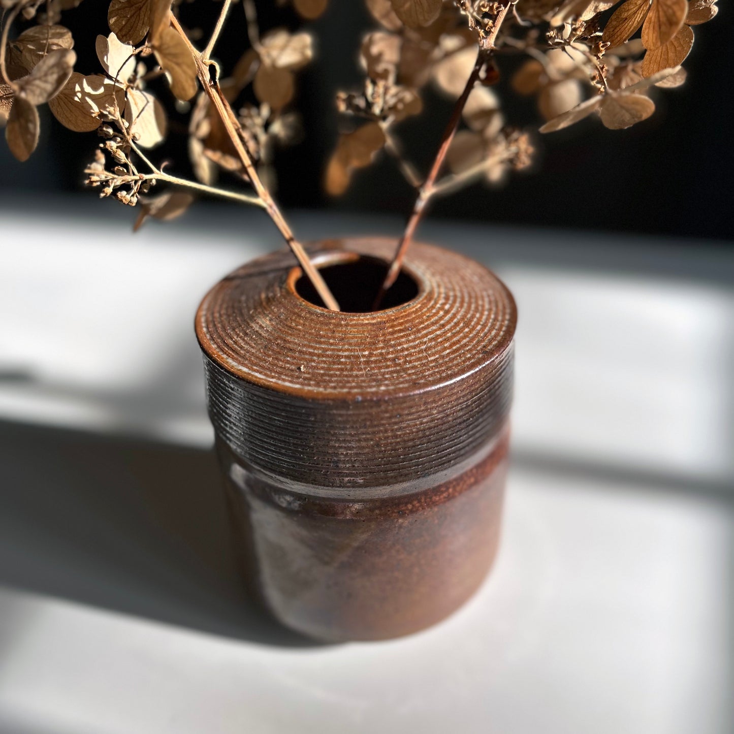 Cylindrical Vase w/ Textured Collar in Shino