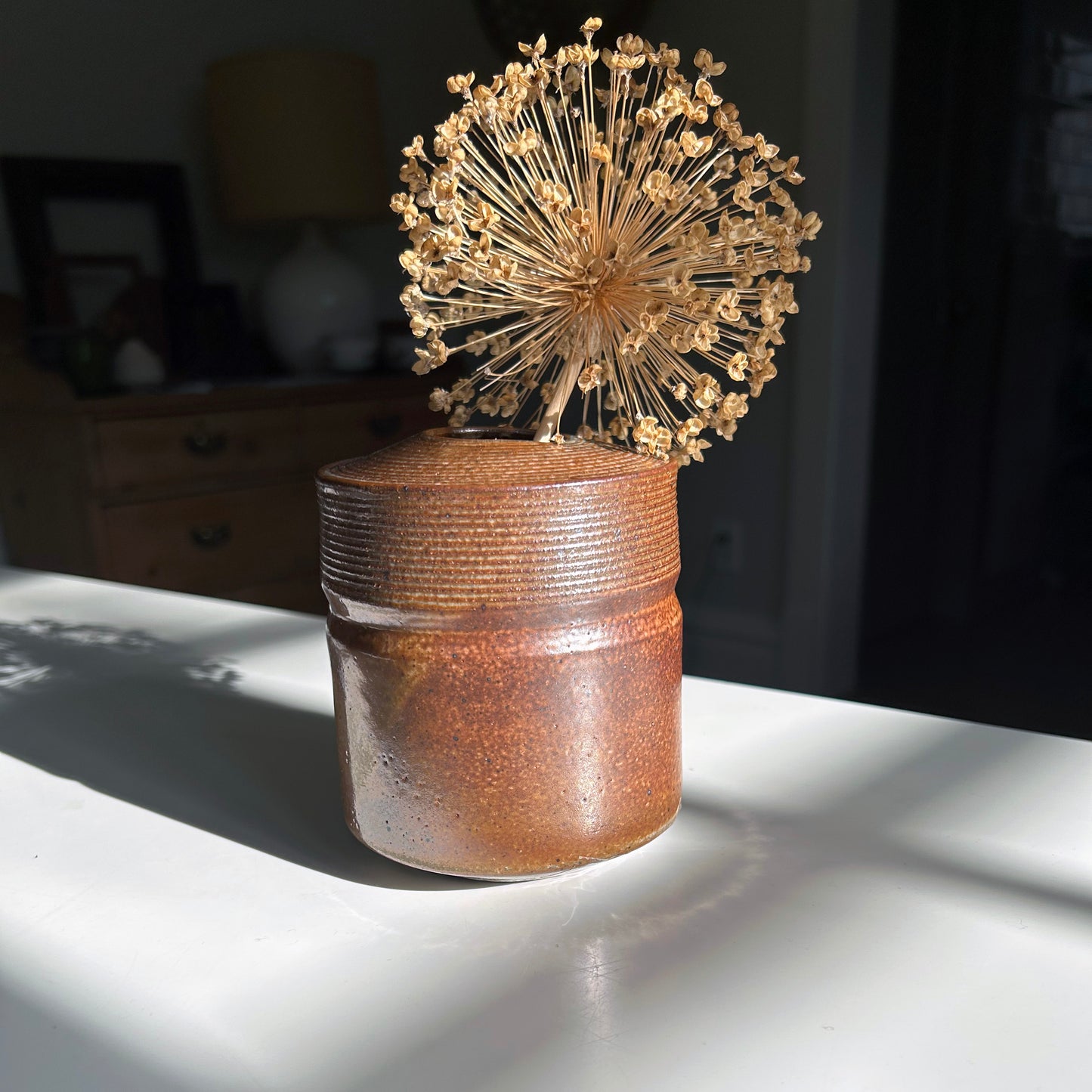 Cylindrical Vase w/ Textured Collar in Shino