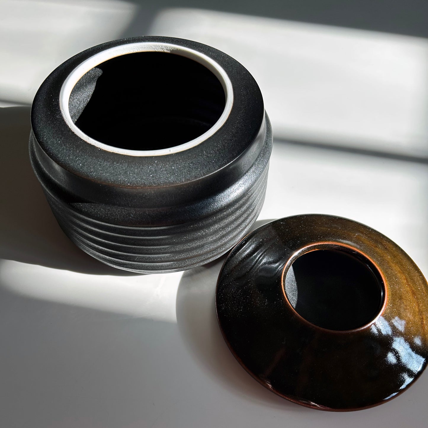 Wide Porcelain Lidded Vessel in Matte Black, Oil Spot