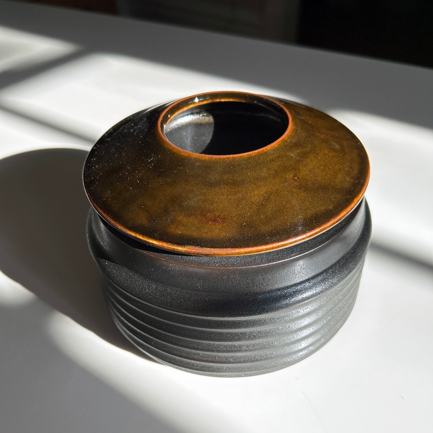 Wide Porcelain Lidded Vessel in Matte Black, Oil Spot