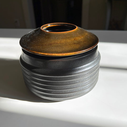 Wide Porcelain Lidded Vessel in Matte Black, Oil Spot