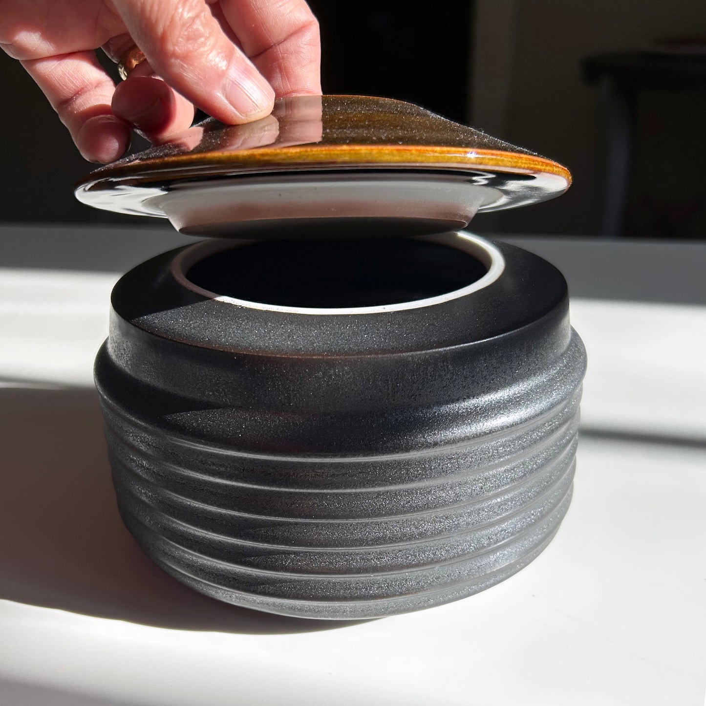 Wide Porcelain Lidded Vessel in Matte Black, Oil Spot