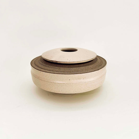 Wide Lidded Vessel w/ Ribbed Collar in Eggshell