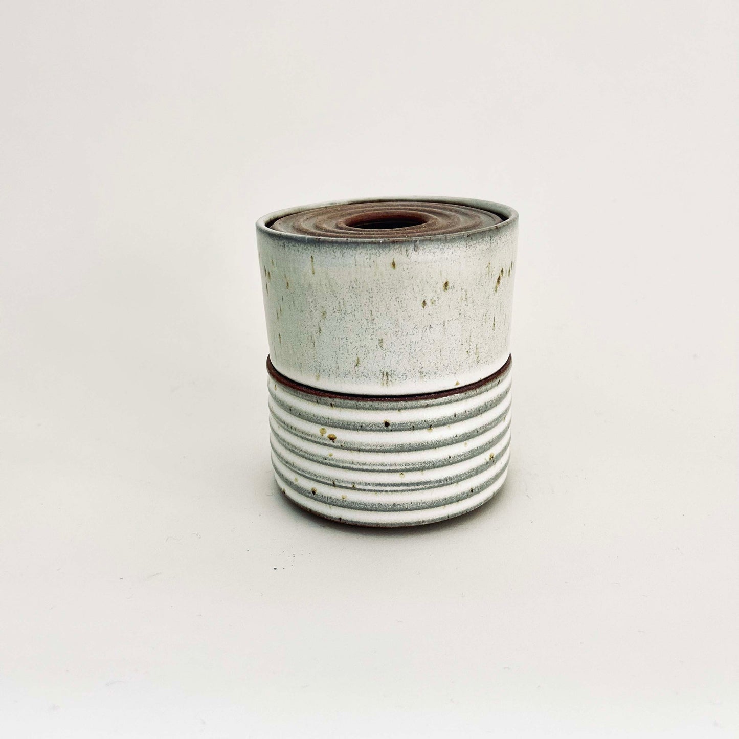 Two-Tiered Cylindrical Ribbed Lidded Container in Buttermilk