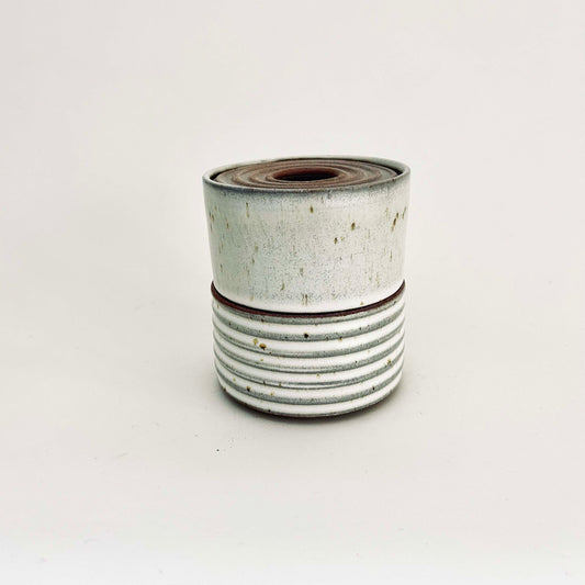 Two-Tiered Cylindrical Ribbed Lidded Container in Buttermilk