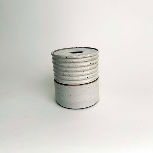 Two-Tiered Cylindrical Ribbed Lidded Container in Warm White
