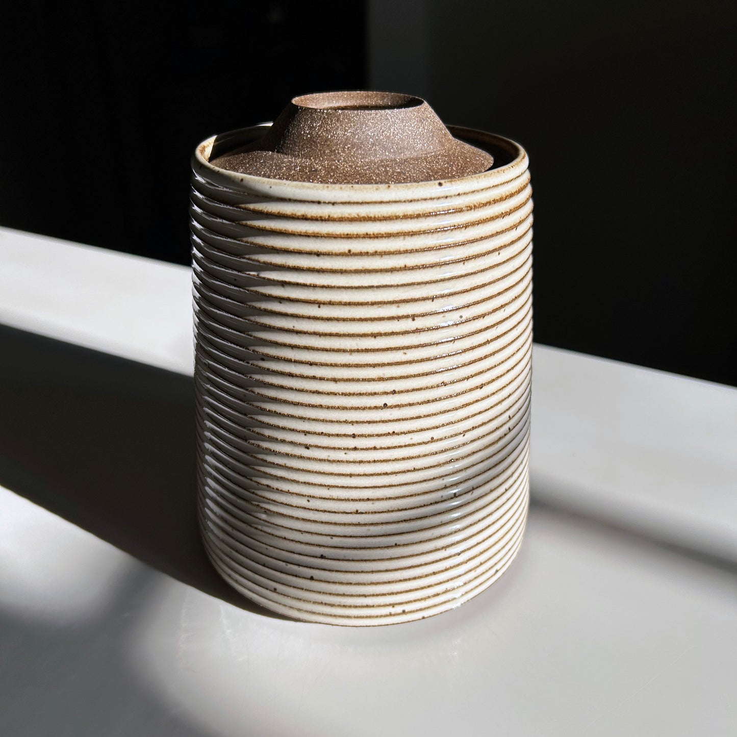 Tapered, Textured Vessel w/ Angular Lid, Warm White