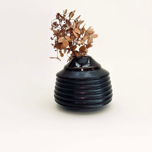 Small Cylindrical Ribbed Bud Vase in Satin Black