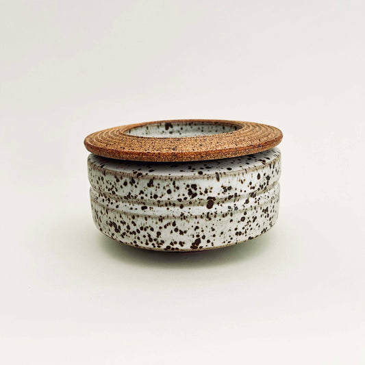 Wide, Cylindrical Vessel w/ Linear Textured Lid in Matte White