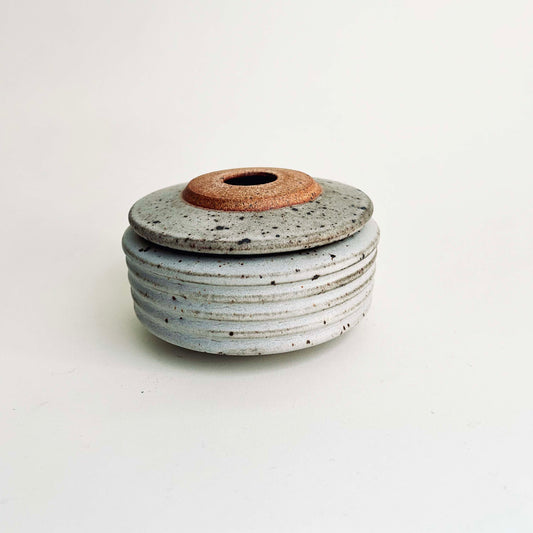 Cylindrical Ribbed Lidded Vessel in Grey/White