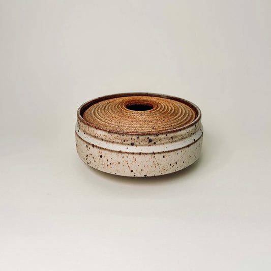 Wide, Textured Lidded Vessel in Mocha White
