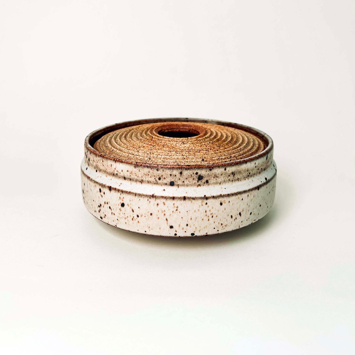 Wide, Textured Lidded Vessel in Mocha Creme