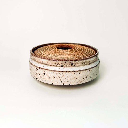 Wide, Textured Lidded Vessel in Mocha Creme