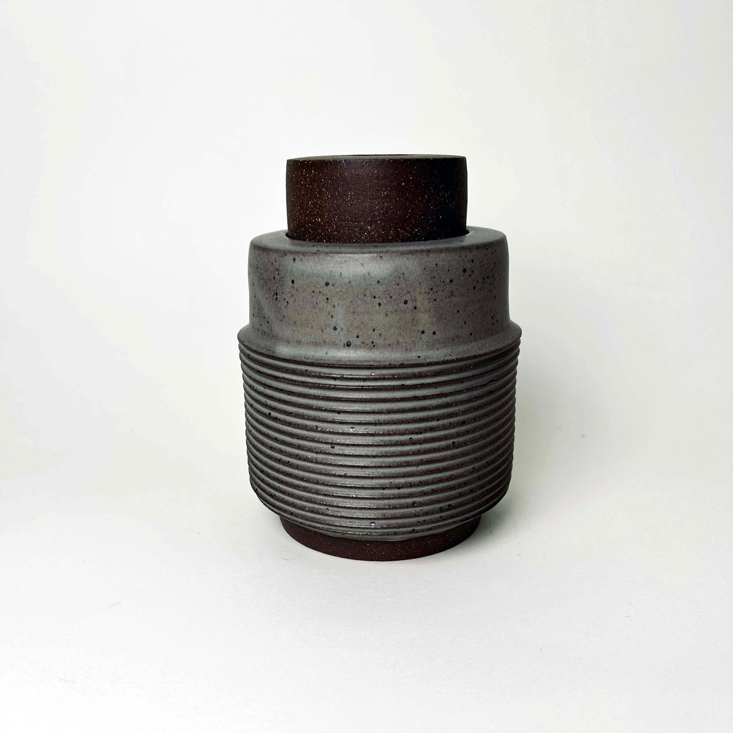 Tall Cylindrical Ribbed Lidded Container in Greige