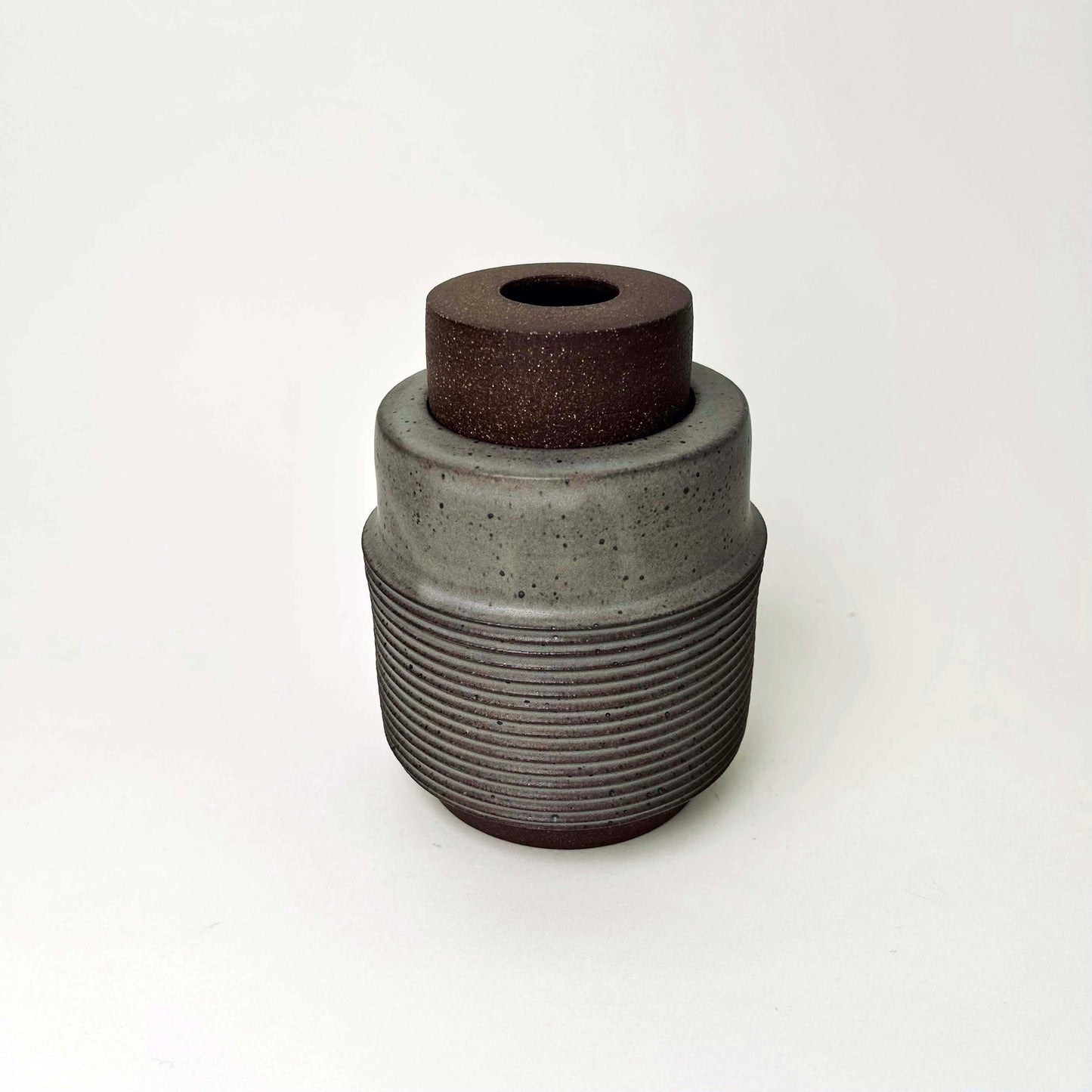 Tall Cylindrical Ribbed Lidded Container in Greige