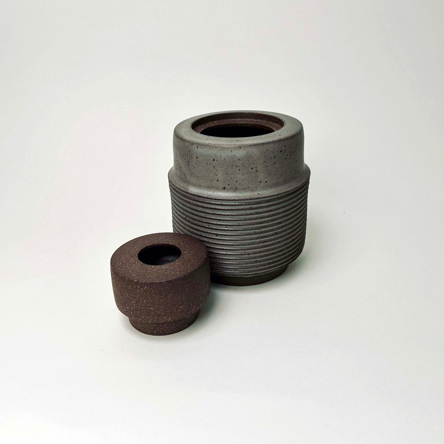 Tall Cylindrical Ribbed Lidded Container in Greige