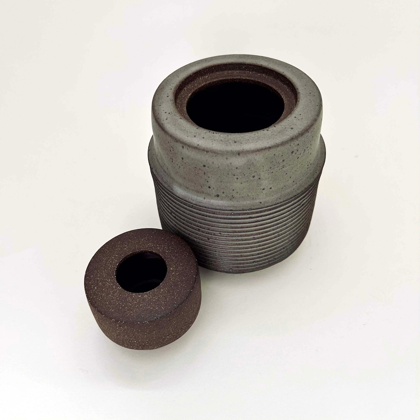 Tall Cylindrical Ribbed Lidded Container in Greige