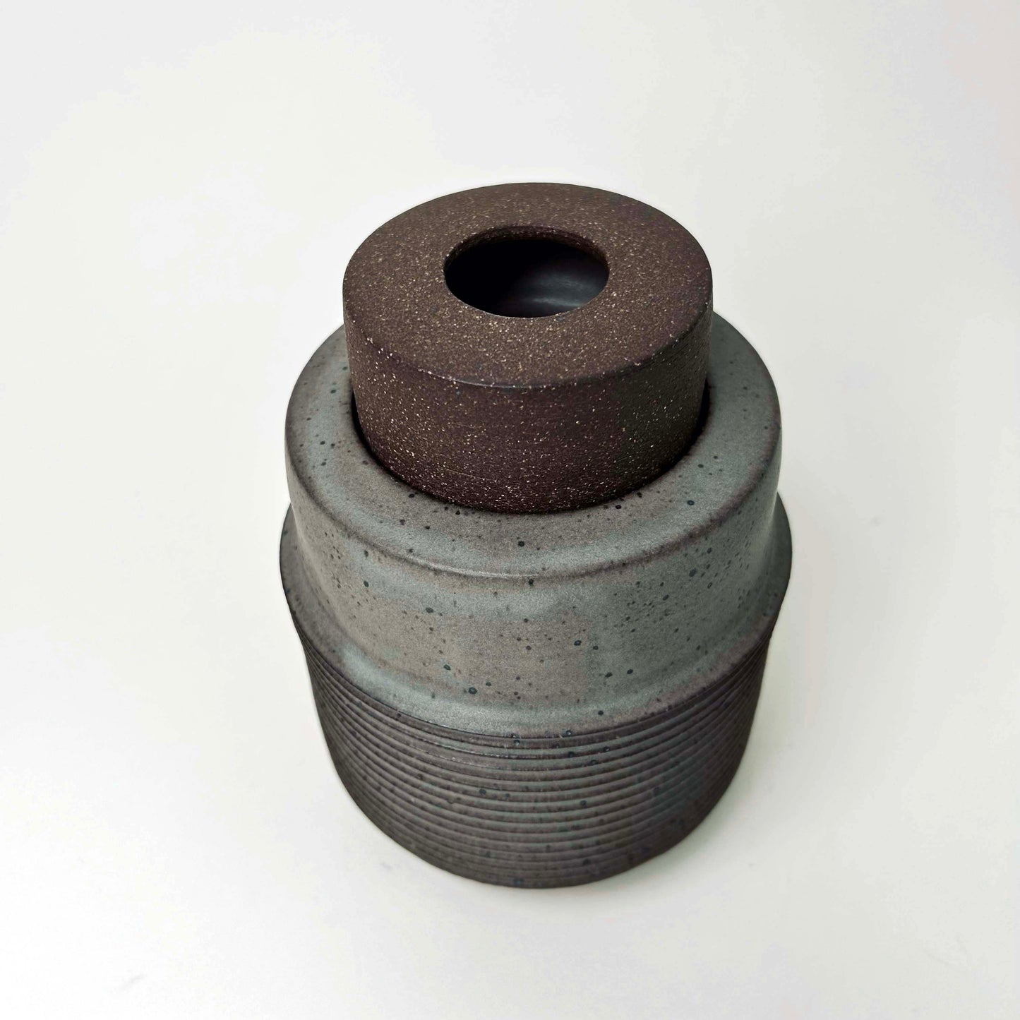 Tall Cylindrical Ribbed Lidded Container in Greige
