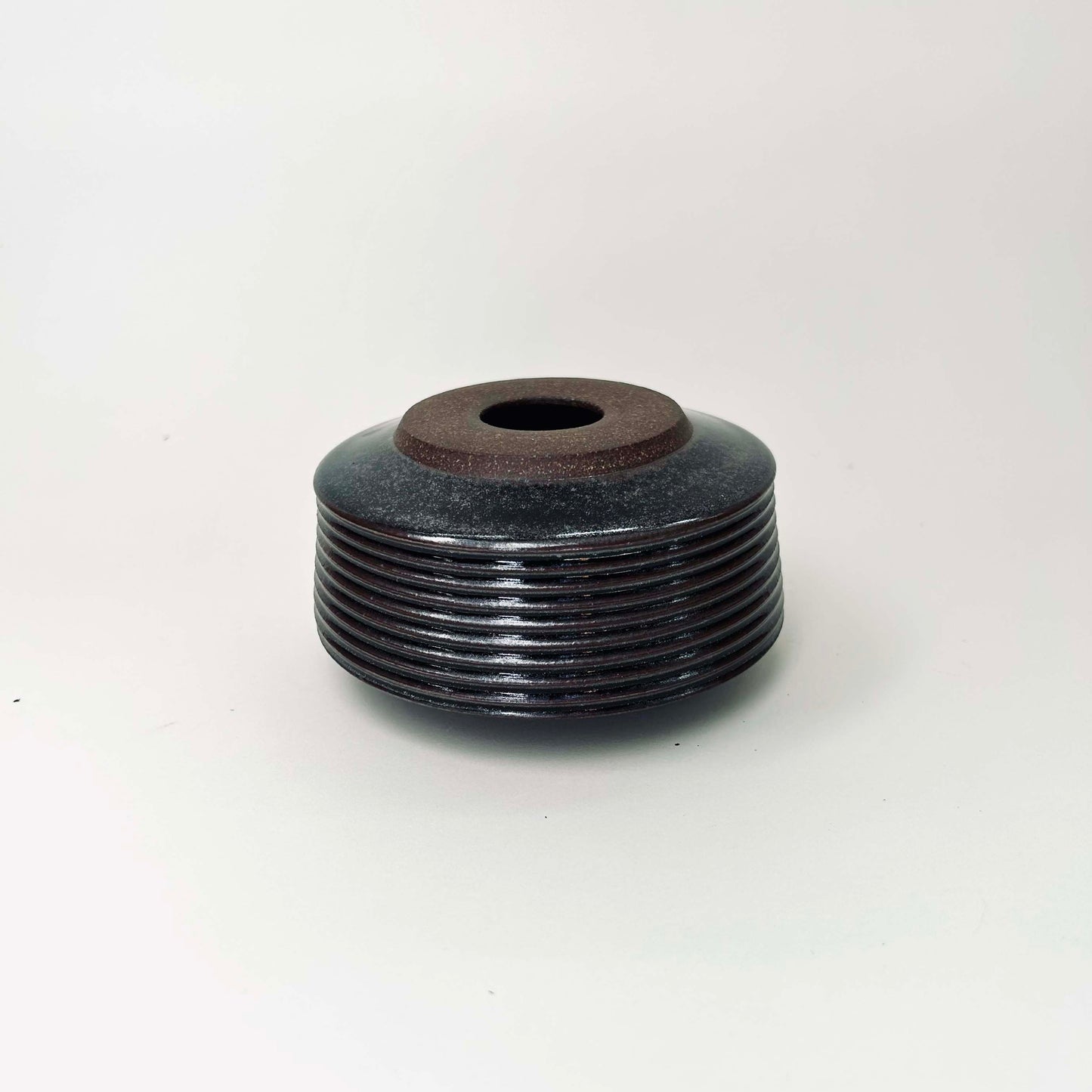 Small, Collared Ribbed Vase in Oil Spot