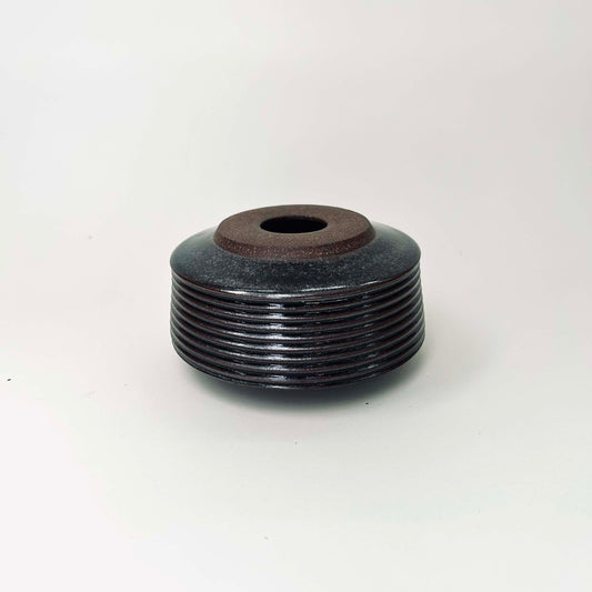 Small, Collared Ribbed Vase in Oil Spot