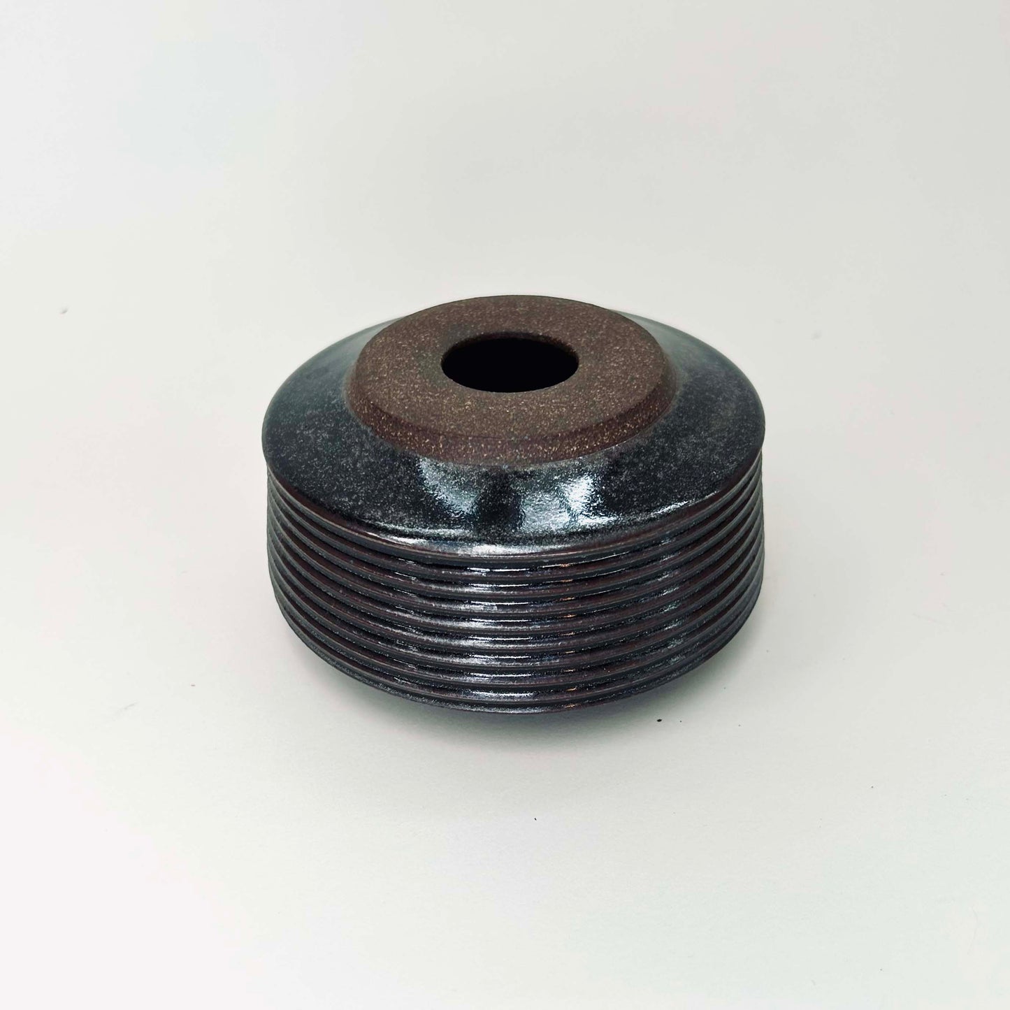 Small, Collared Ribbed Vase in Oil Spot