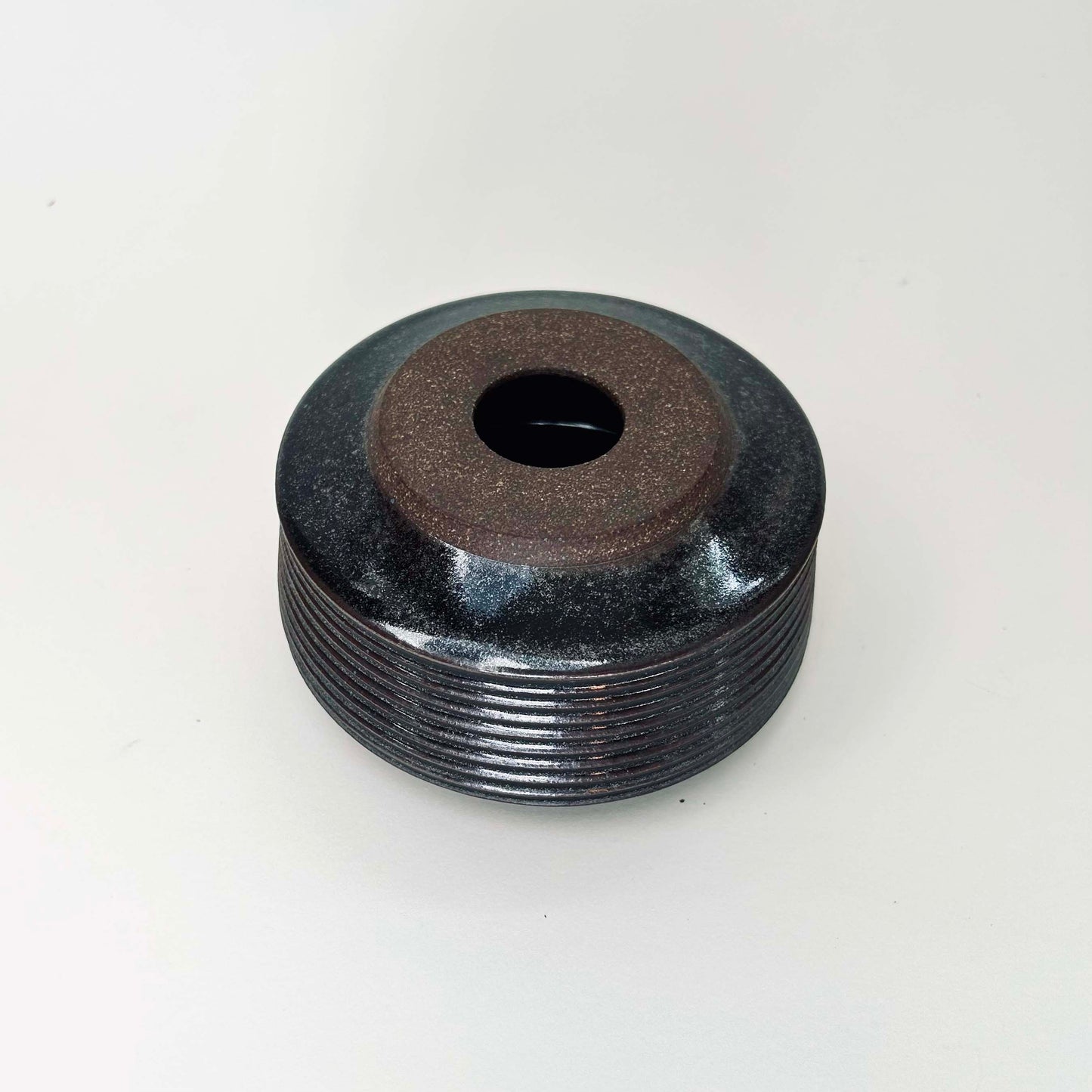 Small, Collared Ribbed Vase in Oil Spot