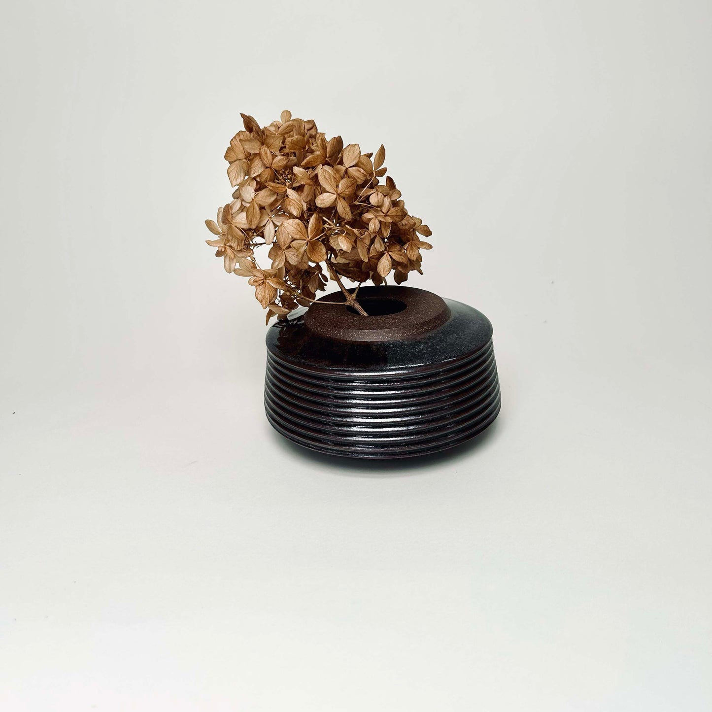 Small, Collared Ribbed Vase in Oil Spot