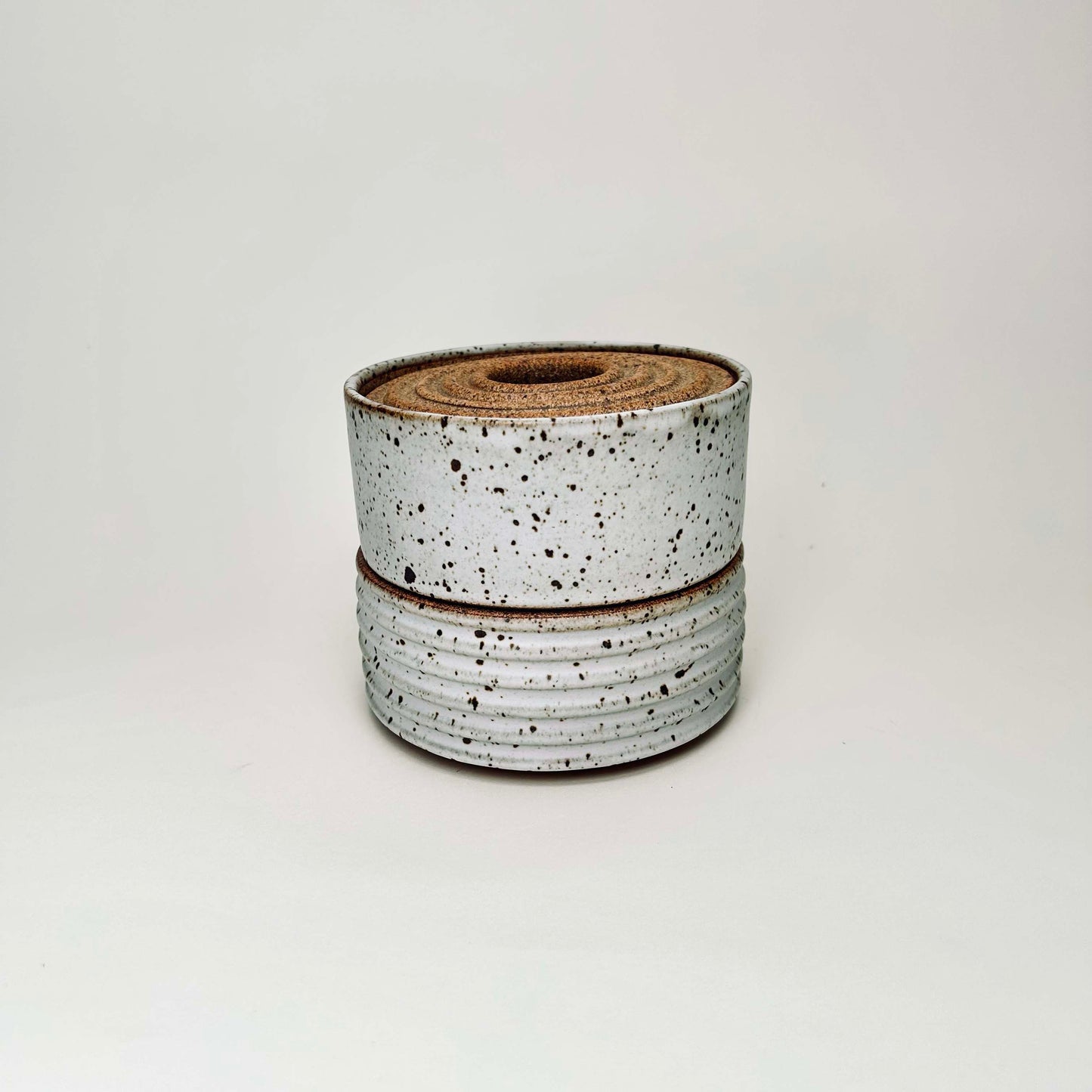 Two-Tiered Cylindrical Ribbed Lidded Container in Matte White