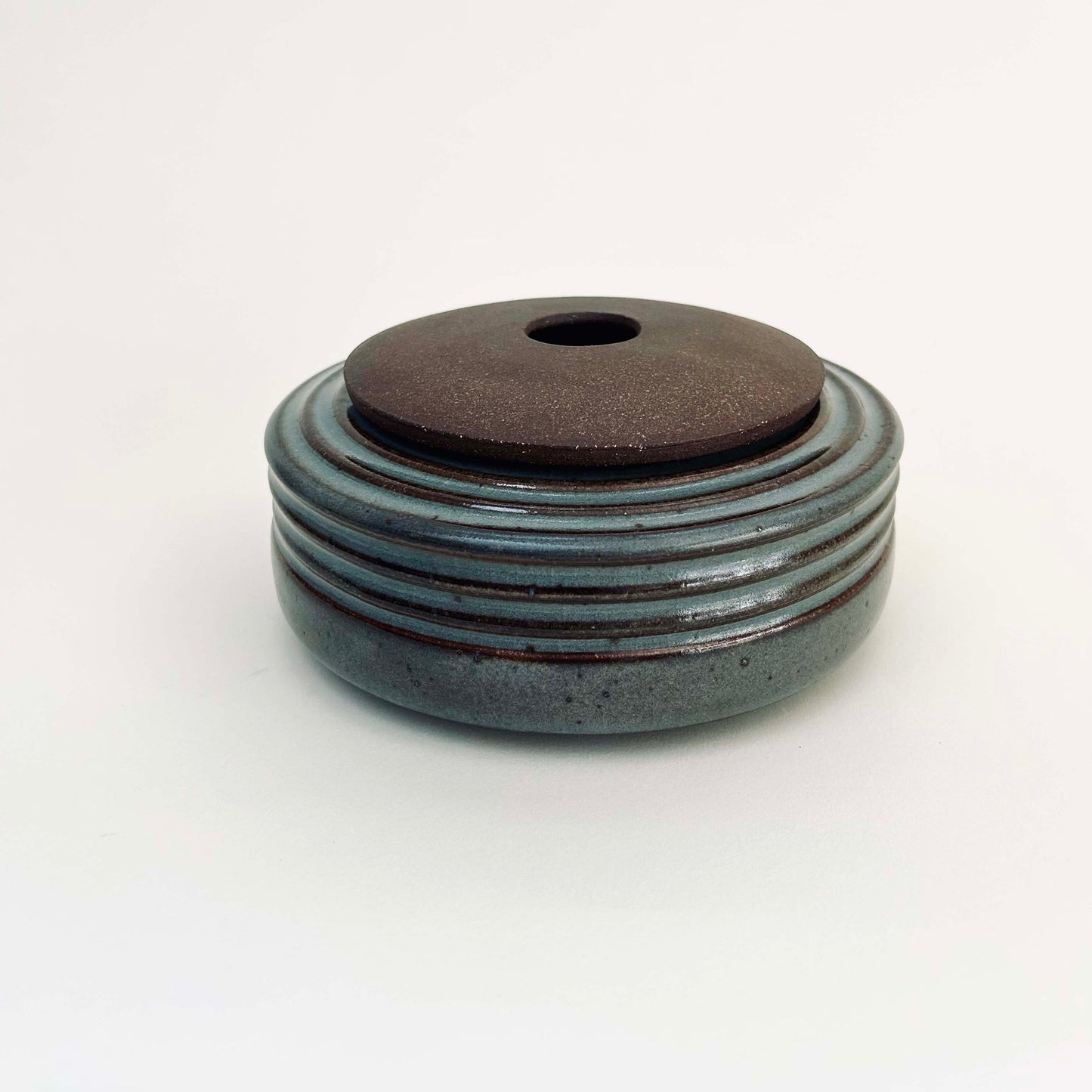 Wide Ribbed Cylindrical Lidded Vessel in Celadon