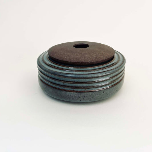 Wide Ribbed Cylindrical Lidded Vessel in Celadon