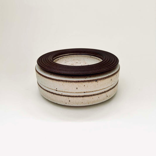 Wide, Cylindrical Vessel w/ Linear Textured Lid in Mocha Creme