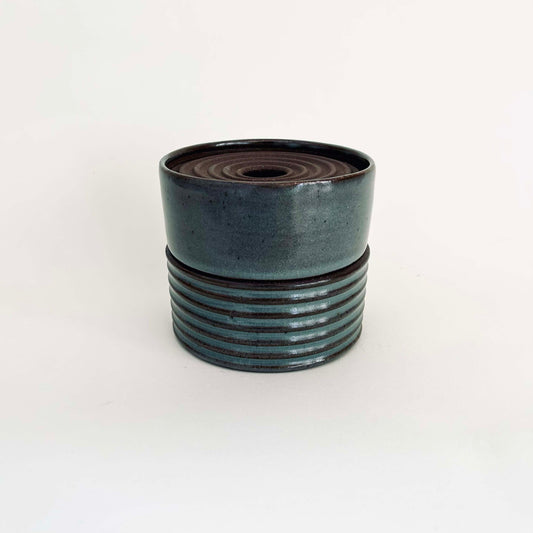 Two-Tiered Cylindrical Ribbed Lidded Container in Celadon
