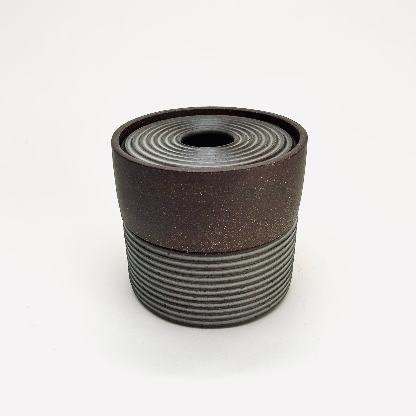 Two-Tiered Cylindrical Ribbed Lidded Container in Greige