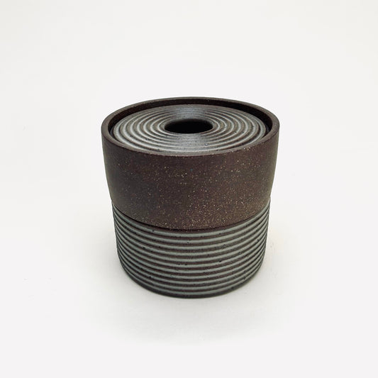 Two-Tiered Cylindrical Ribbed Lidded Container in Greige